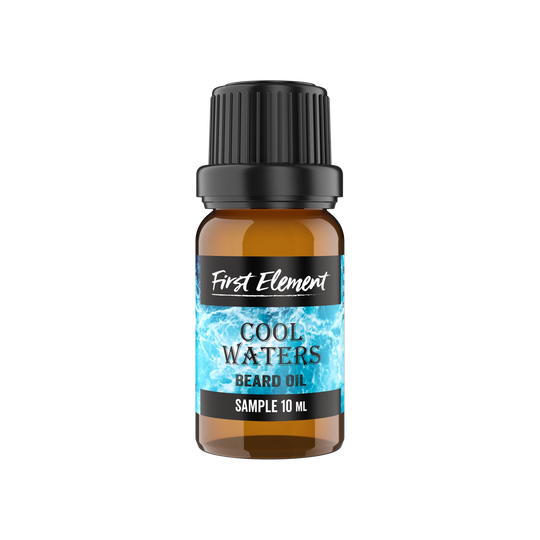 Bottle of 'Cool Waters' beard oil by First Element on a white background