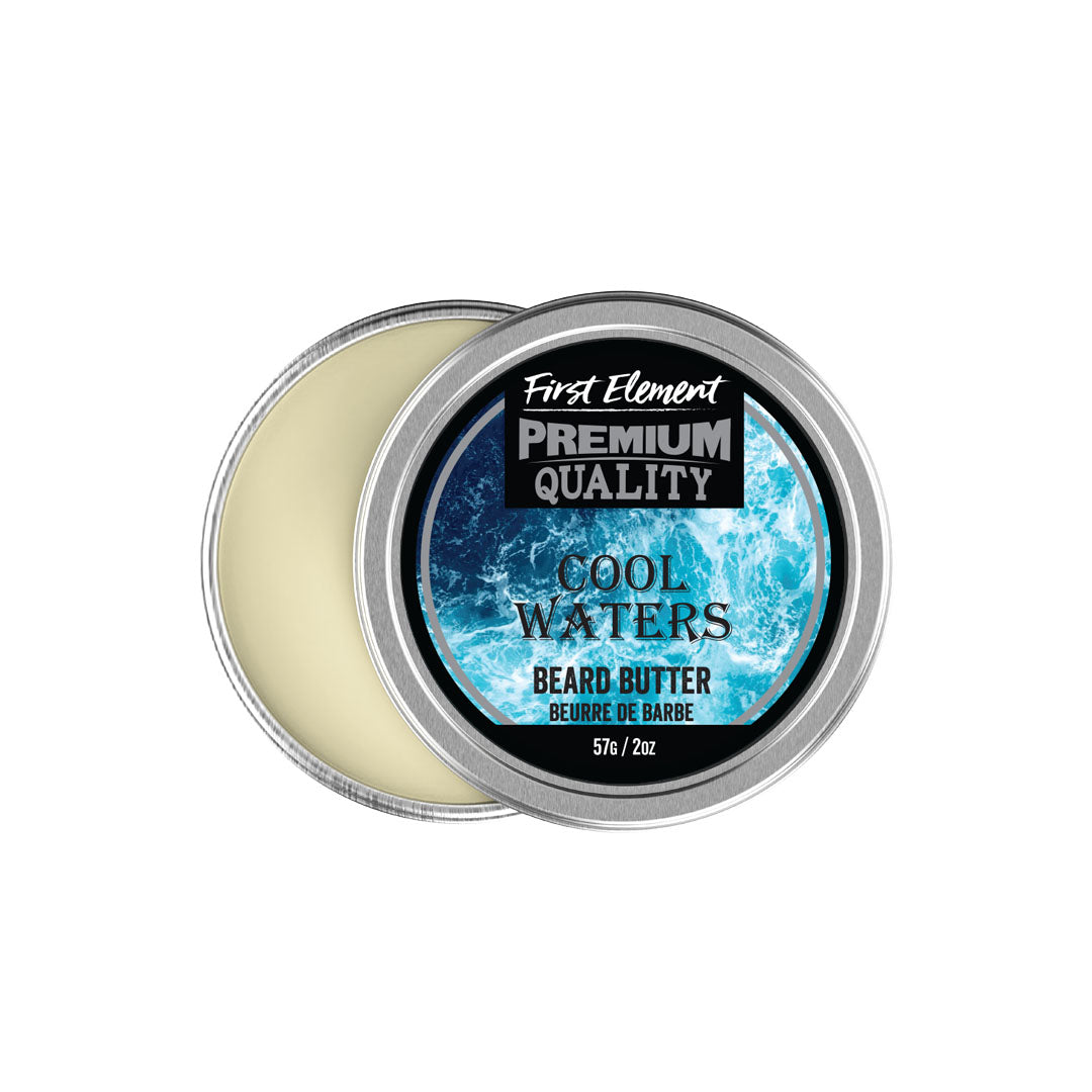 Beard butter container labeled 'Cool Waters' by First Element on a white background