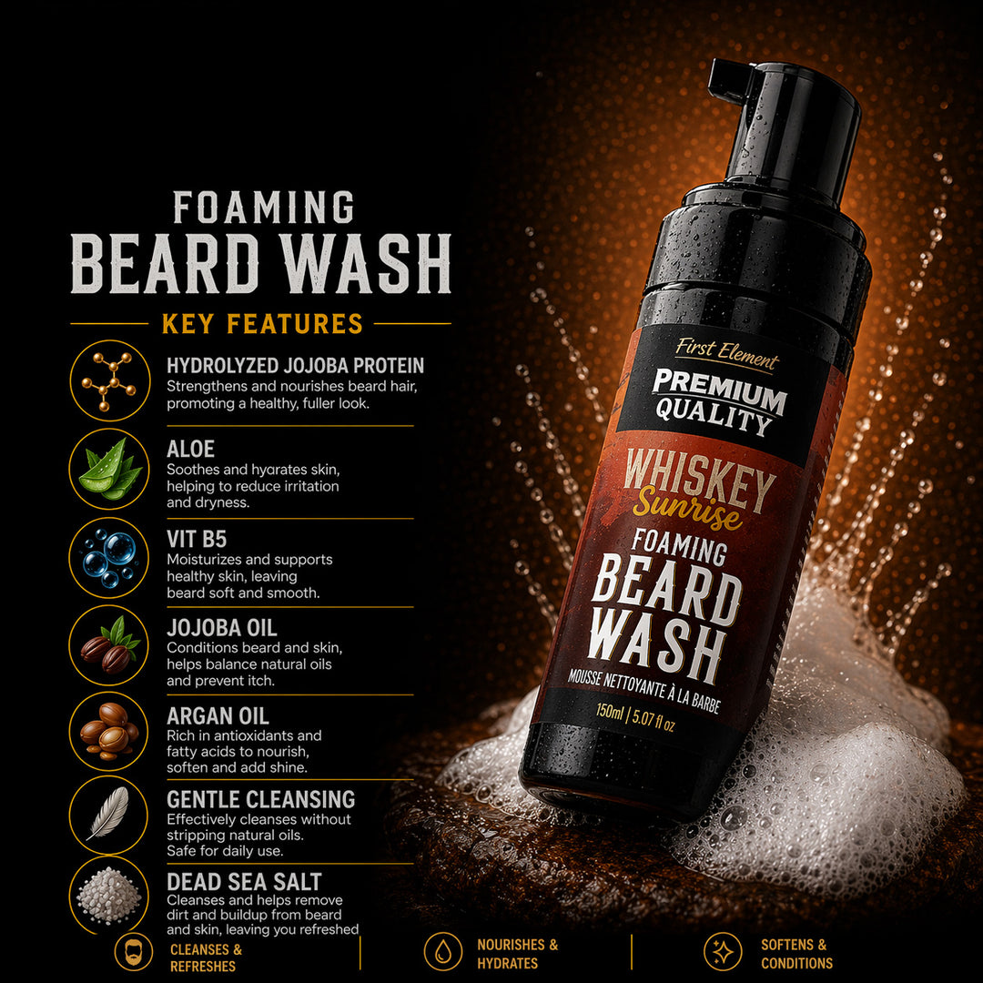 Whiskey Sunrise Foaming Beard Wash bottle with key features listed on a dark background