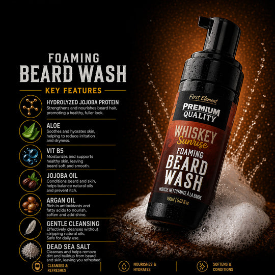 Whiskey Sunrise Foaming Beard Wash bottle with key features listed on a dark background