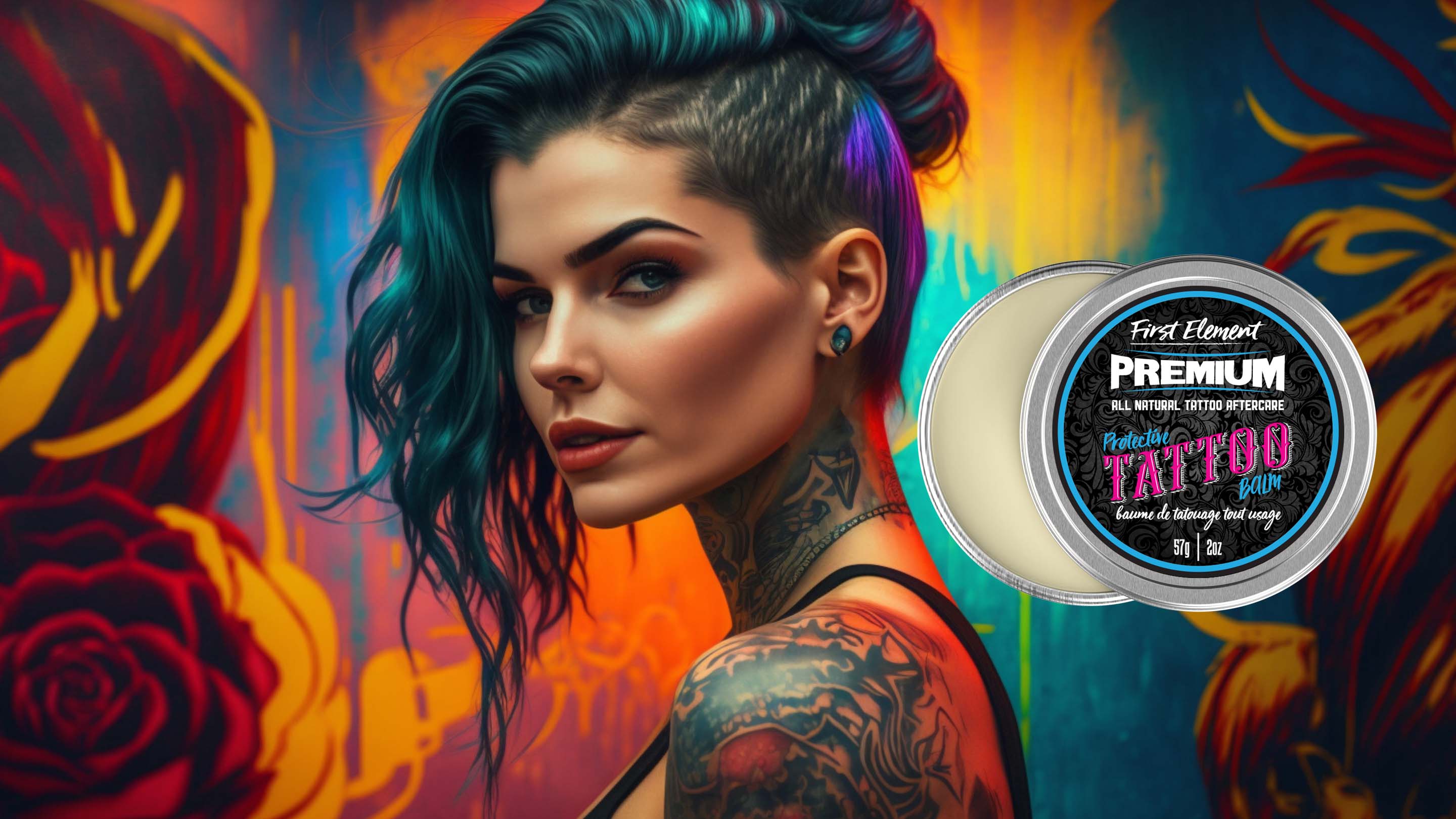 Tattoo Aftercare Balm - Colourful Tattoo background - Attractive Tattooed girl with colourful hair and tattoo