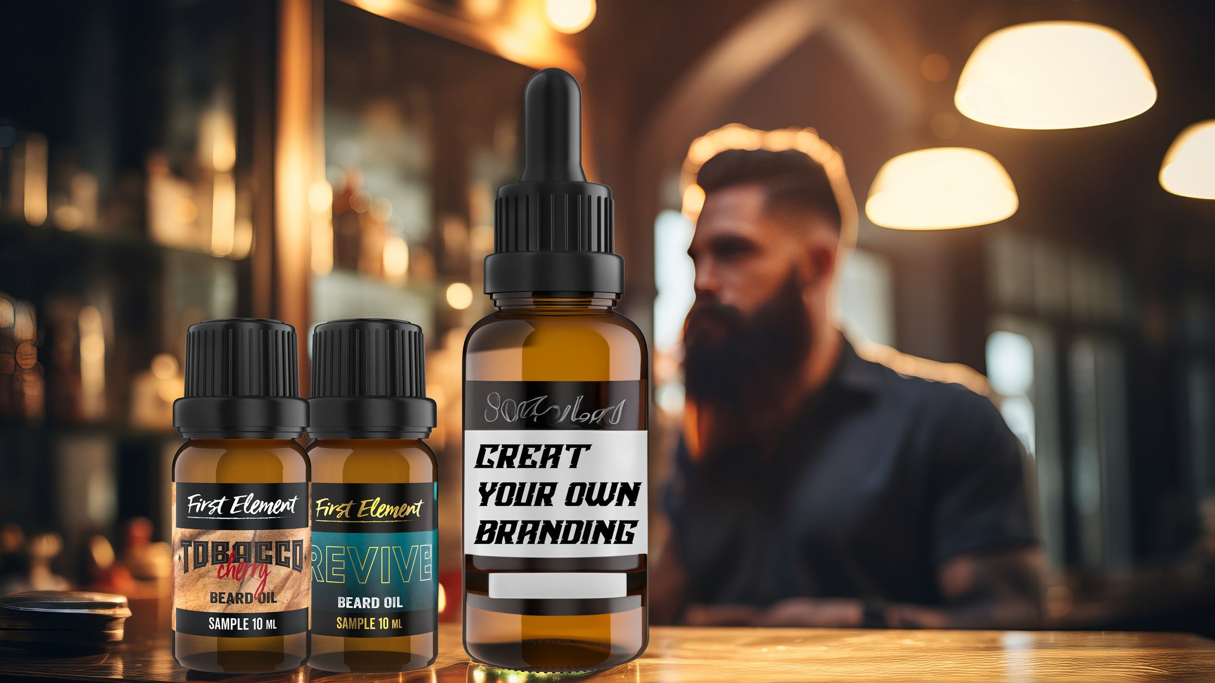 Create your own brand of Beard Oils. Beard Oil displayed on a counter with a beard man faded in the background