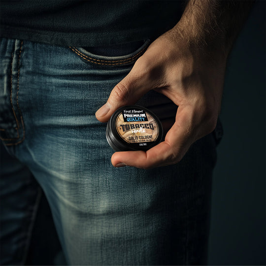 Hand holding a solid cologne against a pocket showing the size is travel size