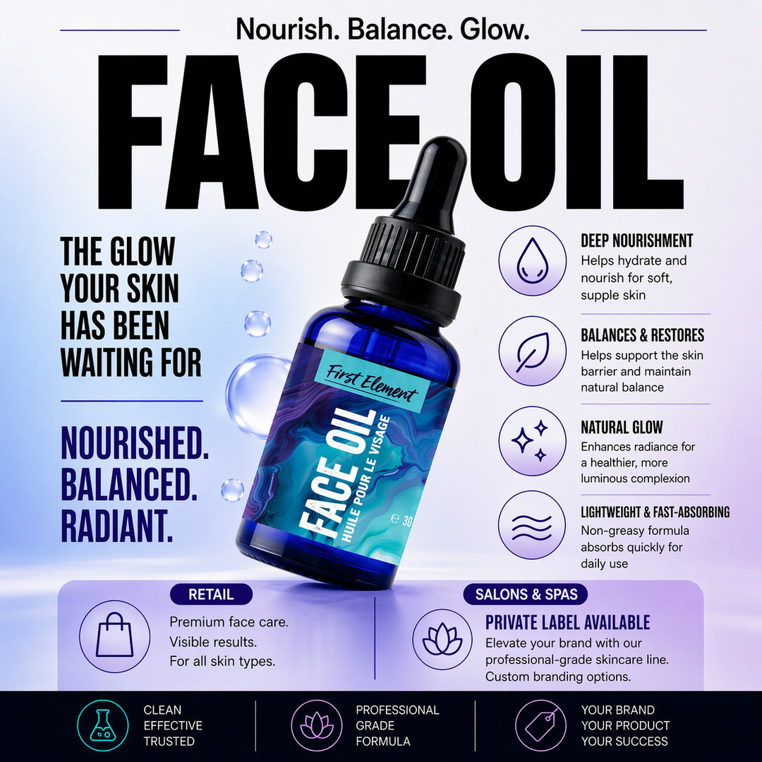 Blue face oil bottle with dropper on a white background, featuring text about face oil benefits and uses.