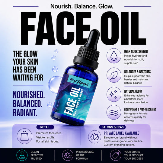Blue face oil bottle with dropper on a white background, featuring text about face oil benefits and uses.