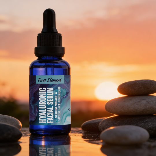 Bottle of hyaluronic facial serum with a sunset background