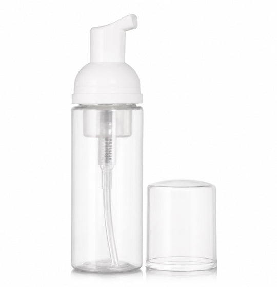 Clear foamer bottle with white foamer pump on a white background