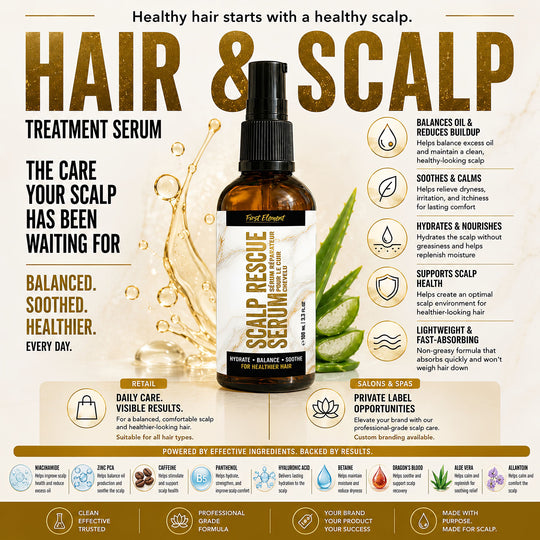 Hair and scalp treatment serum with product details and benefits on a beige background