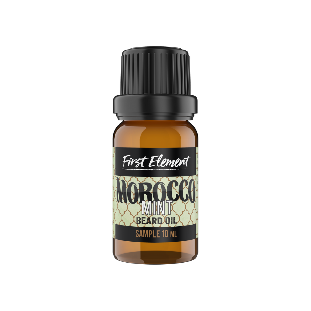 Bottle of Morocco Mint Beard Oil by First Element on a white background