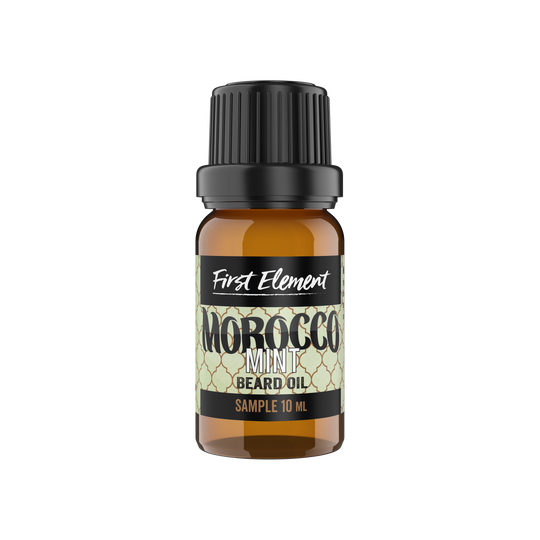 Bottle of Morocco Mint Beard Oil by First Element on a white background