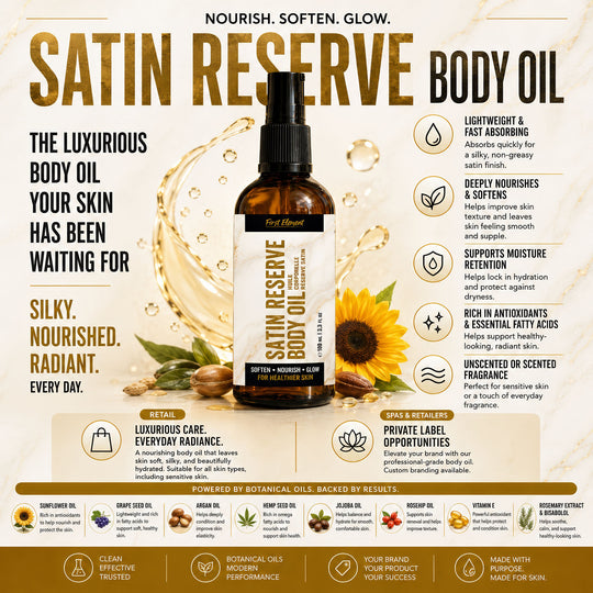 Satin Reserve body oil bottle with product details and benefits on a beige background