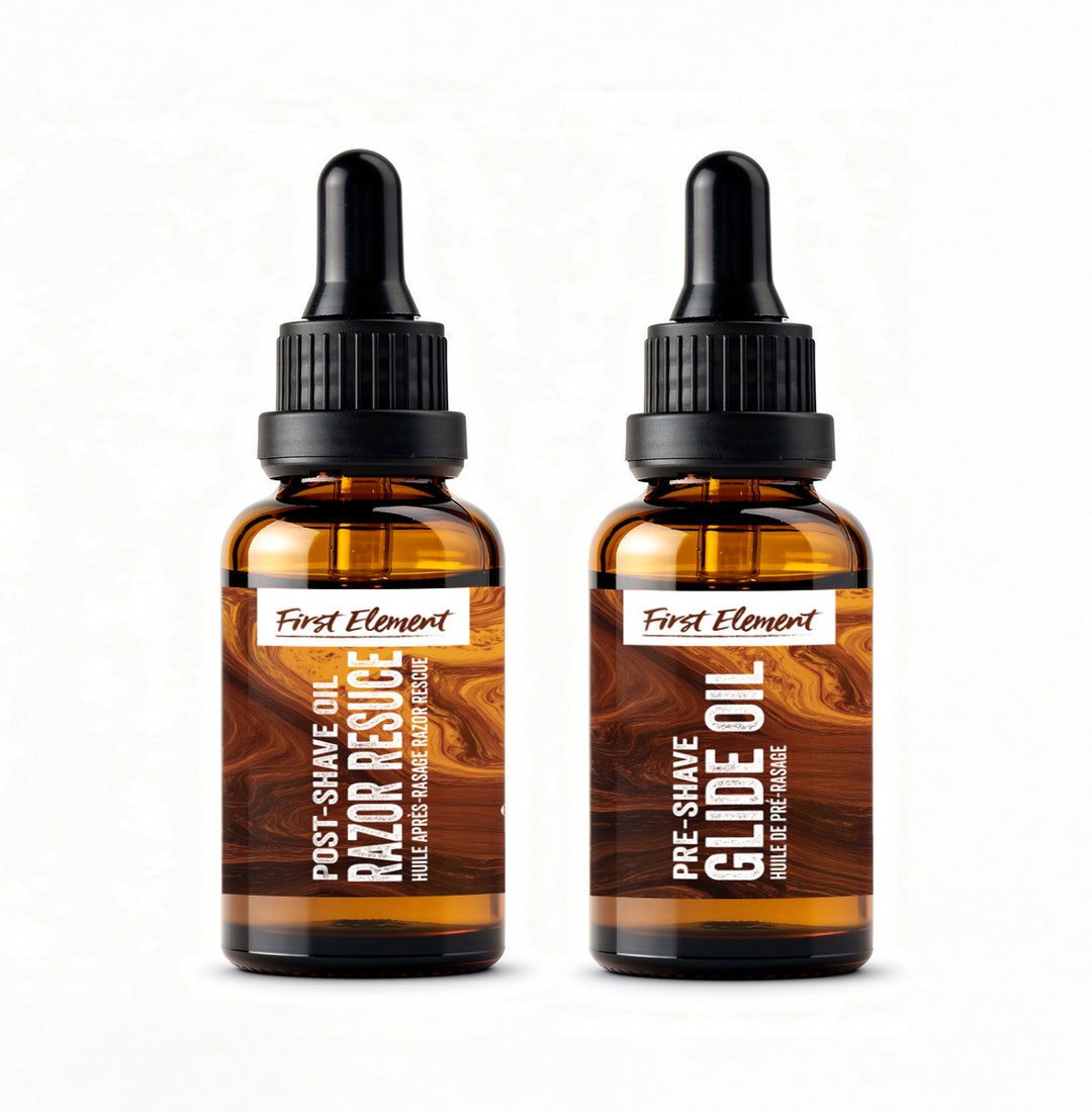 Two bottles of First Element grooming oils on a white background - The Complete Shave System Kit - Made in Canada