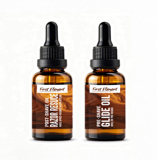 Two bottles of First Element grooming oils on a white background - The Complete Shave System Kit - Made in Canada