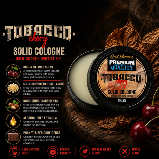 Tobacco cherry solid cologne with product details on a dark background