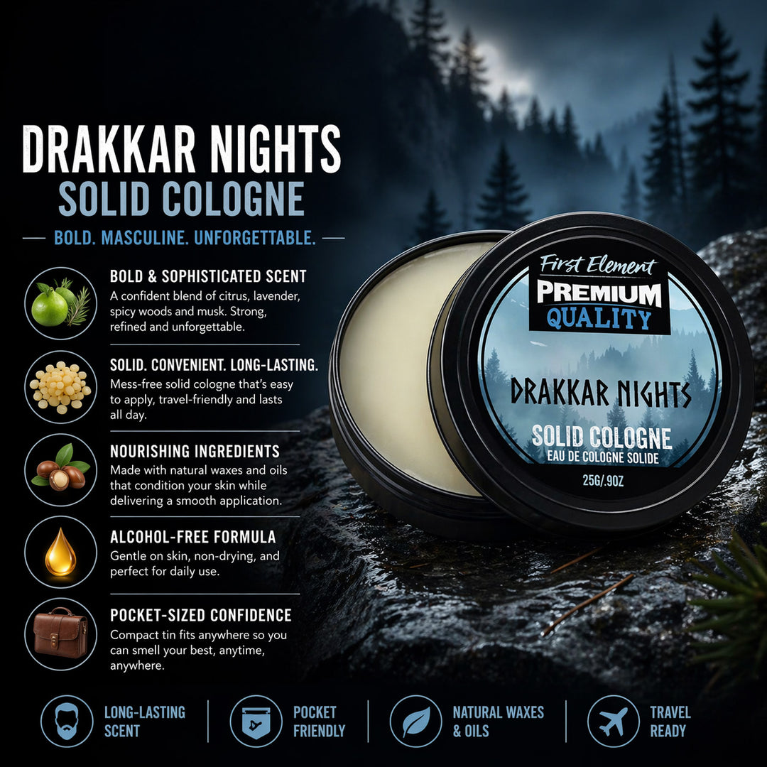 Drakkar Nights solid cologne packaging with product details on a dark forest background