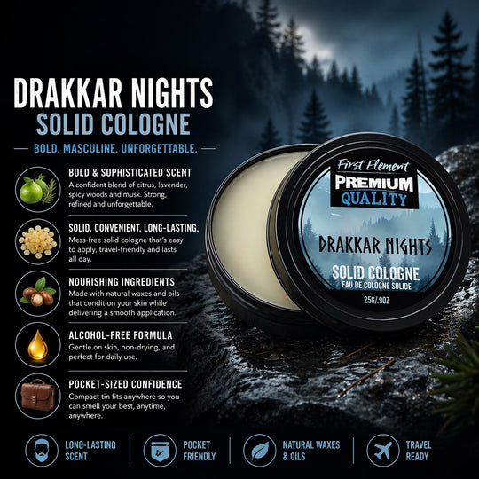 Drakkar Nights solid cologne packaging with product details on a dark forest background