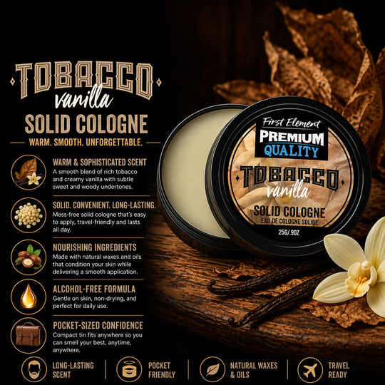 Tobacco vanilla solid cologne with product details on a dark background