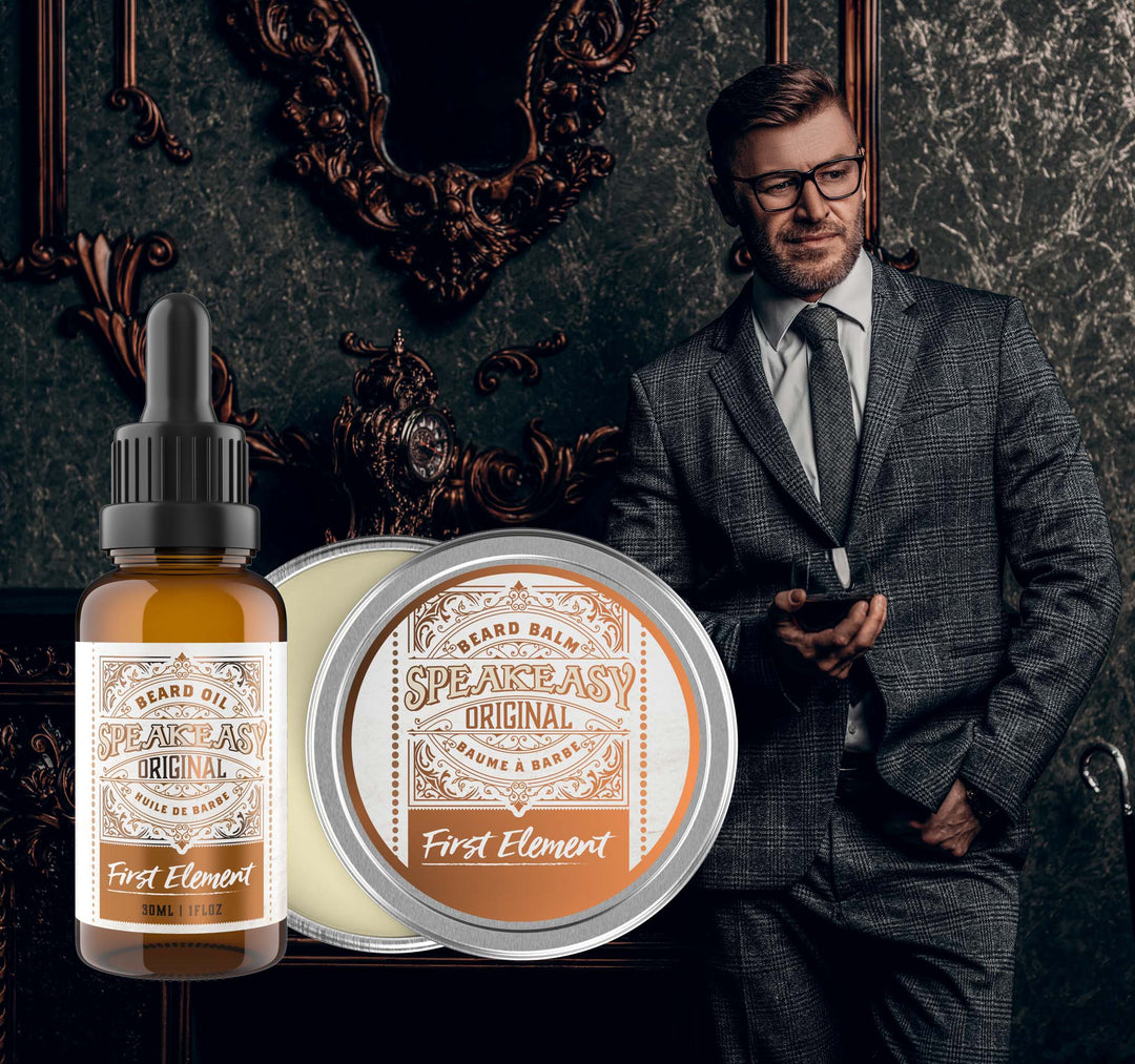 Beard care brand imagery showing a groomed man with beard products