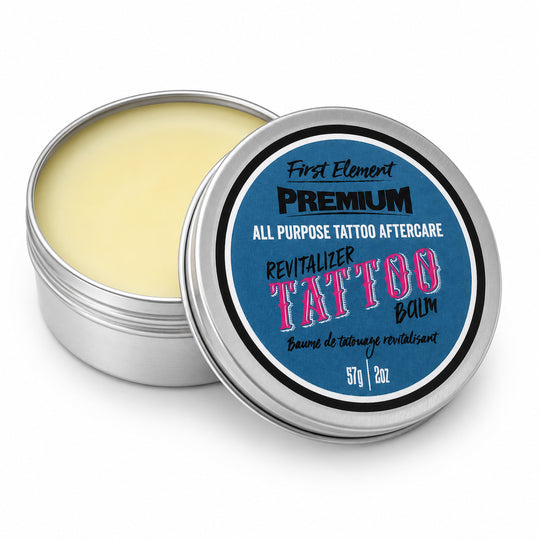 Tin of tattoo balm with a blue label on a white background