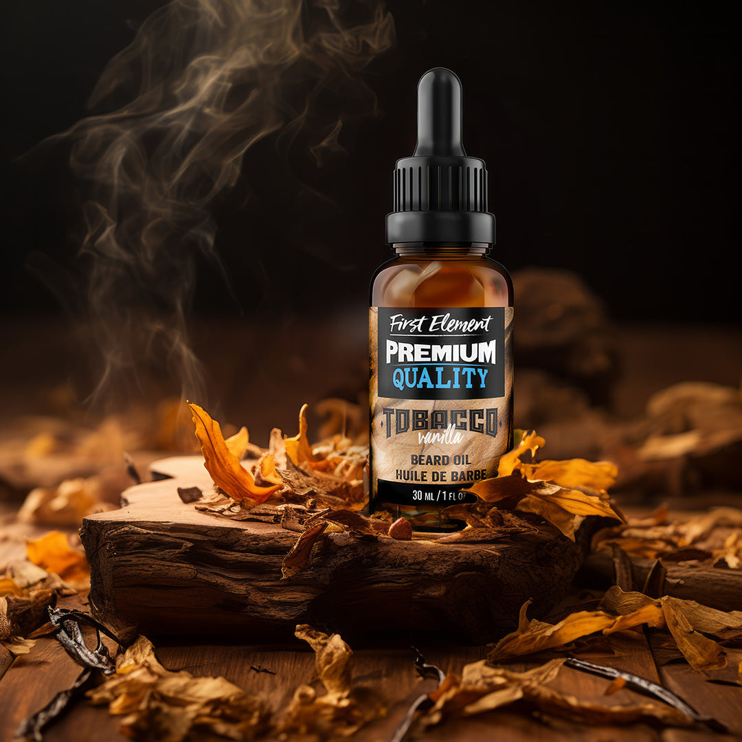 Premium Beard Oil scented with Vanilla Tobacco sitting atop a rock with smoke in the background. elegant beard oil made in canada