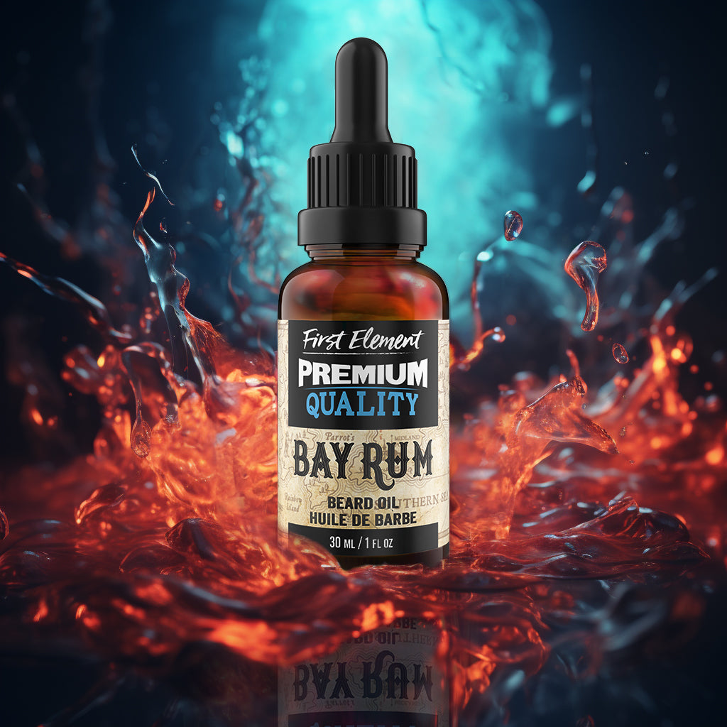 Bay Rum Beard Oil - First Element Premium Bay Rum scented Beard Oil. Our Beard Oil comes in a nice 30ml amber glass bottle with dropper. Premium quality, hand made in Canada, all natural, hand poured beard oil