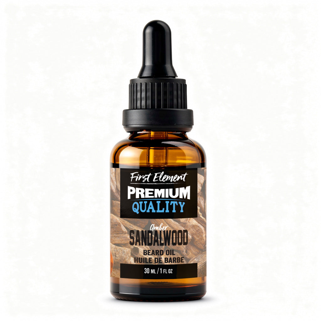 Amber Sandalwood Beard Oil by First Element on a white background - made in canada