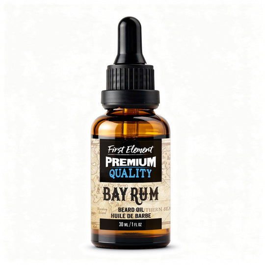 Bay Rum Beard Oil by First Element on a white background - made in canada