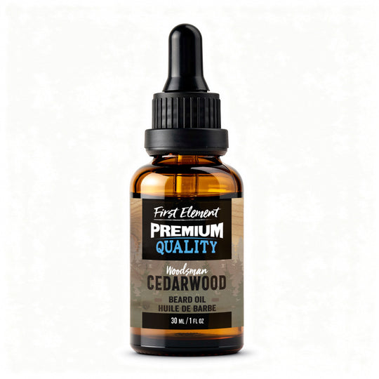 Cedarwood Beard Oil by First Element on a white background - made in canada