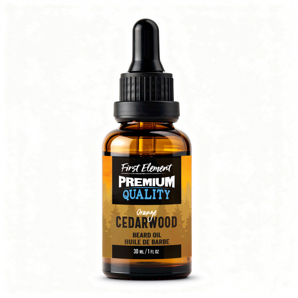 Orange Cedar Beard Oil by First Element on a white background - made in canada