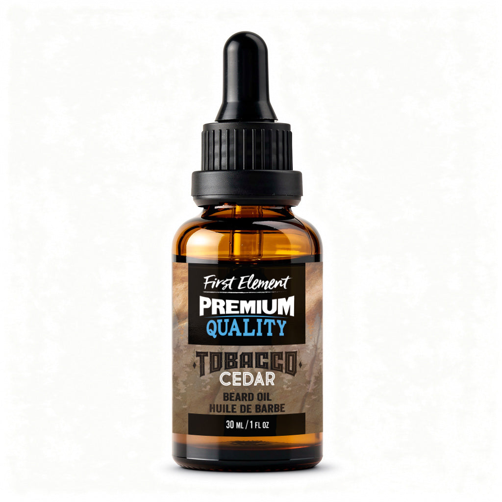 Cedar Tobacco Beard Oil by First Element on a white background - made in canada