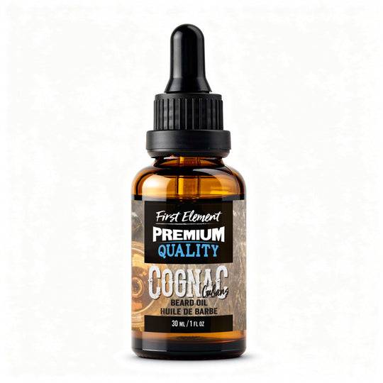 Cognac and Cubans Beard Oil by First Element on a white background - made in canada