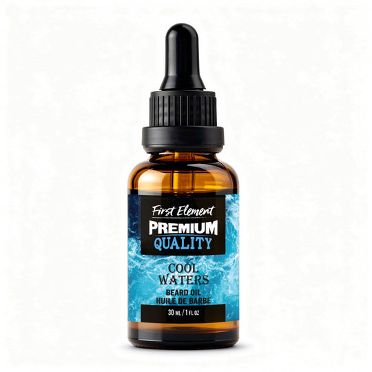 Bottle of First Element Premium Quality Cool Waters beard oil on a white background
