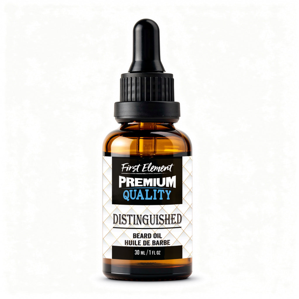 Bottle of First Element Premium Quality Distinguished beard oil on a white background