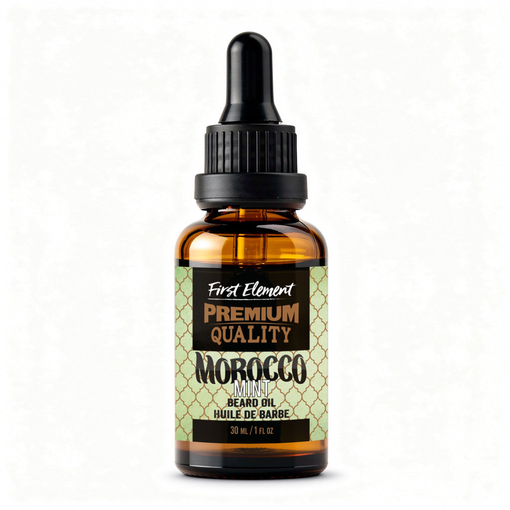 Bottle of Morocco Mint Beard Oil with a green label on a white background