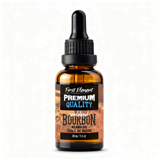 Sandalwood Bourbon Beard Oil by First Element on a white background - made in canada