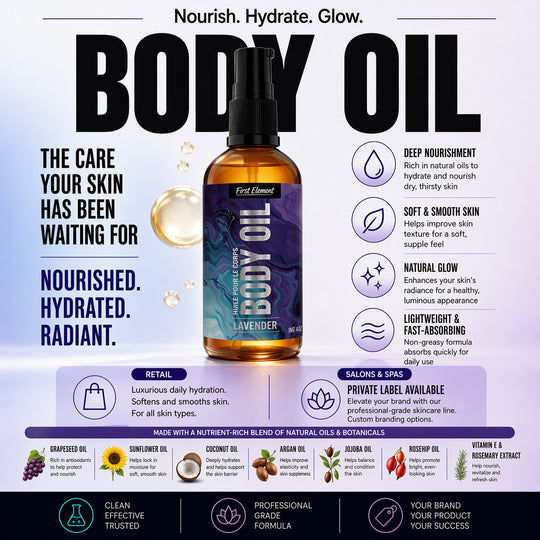 Body oil bottle with product details on a white background