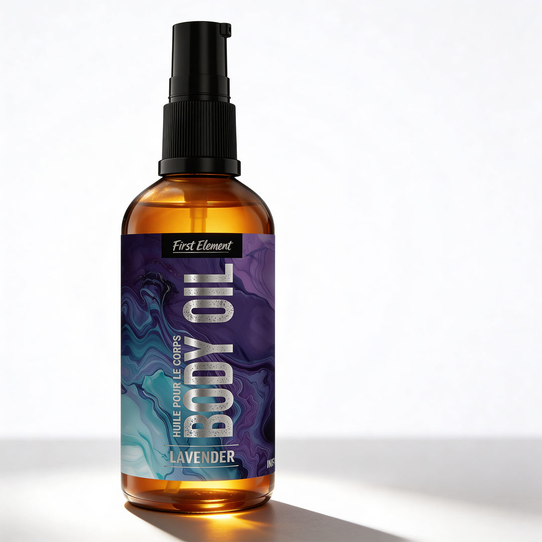Bottle of lavender body oil with a purple label on a white background. Made in Canada