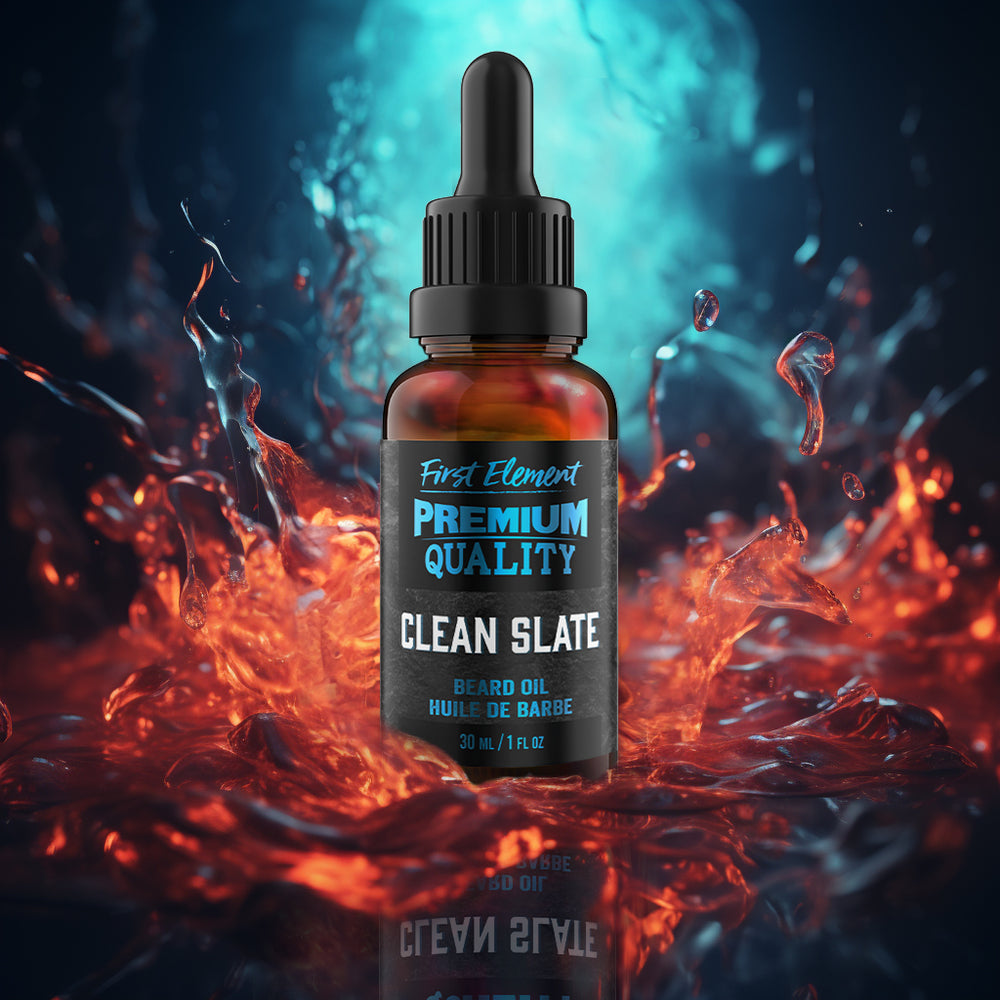A 30ml bottle of Clean Slate Beard Oil with a colorful splash in the background.