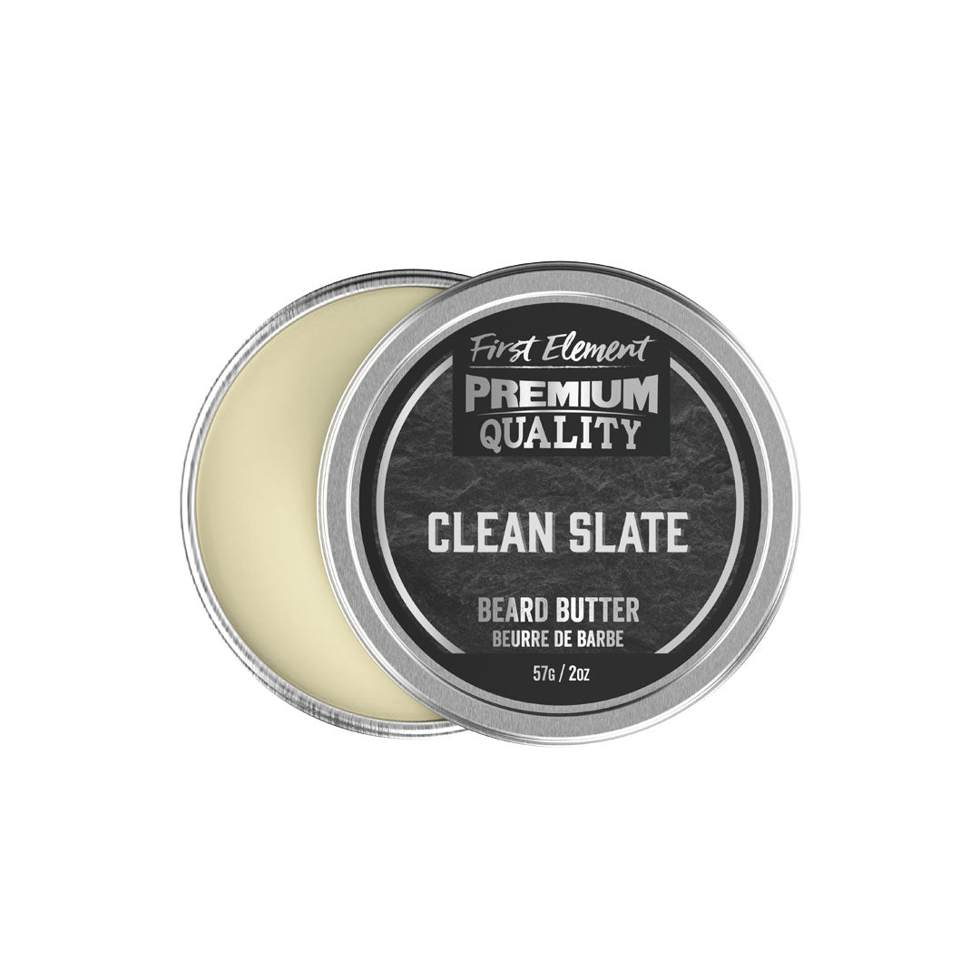 Beard butter in a metal tin with 'Clean Slate' label on a white background
