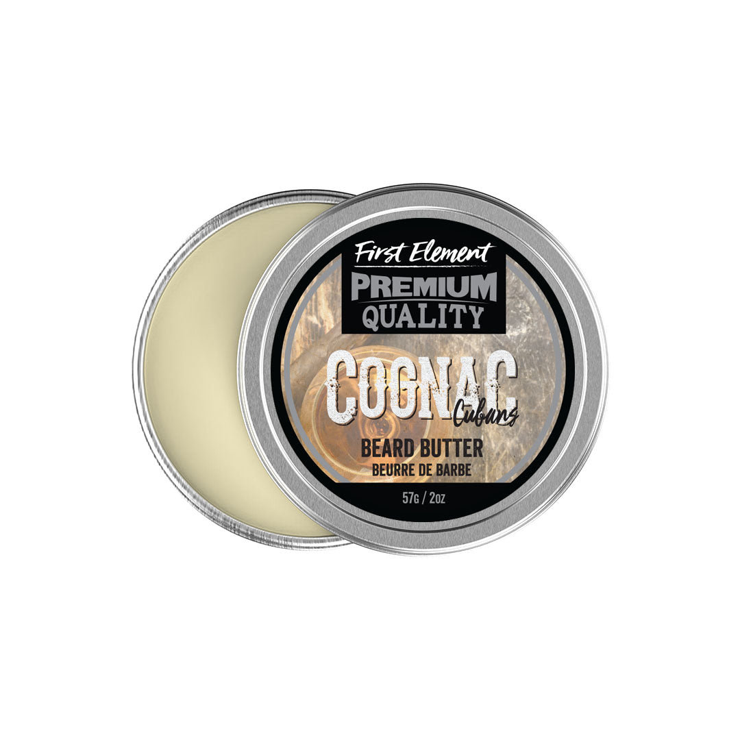 Cognac-flavored beard butter in a metal container on a white background