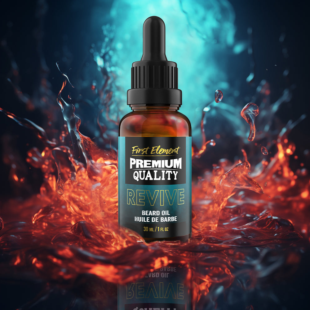 A 30ml amber bottle of Revive Beard Oil, with a dropper lid, set against a vibrant splash background.