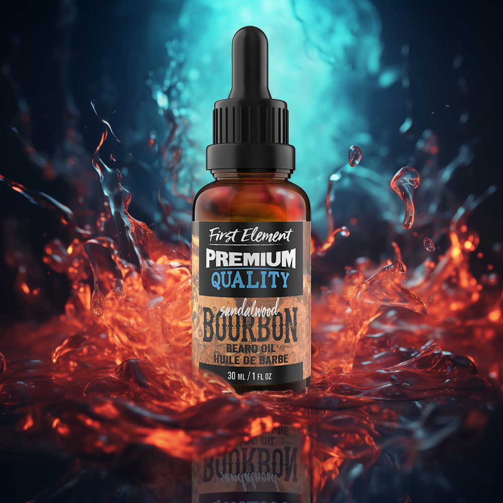 Premium Sandalwood Bourbon Beard Oil in a 30ml amber bottle with dropper lid, adding a splash of color to your grooming routine on a colorful background.