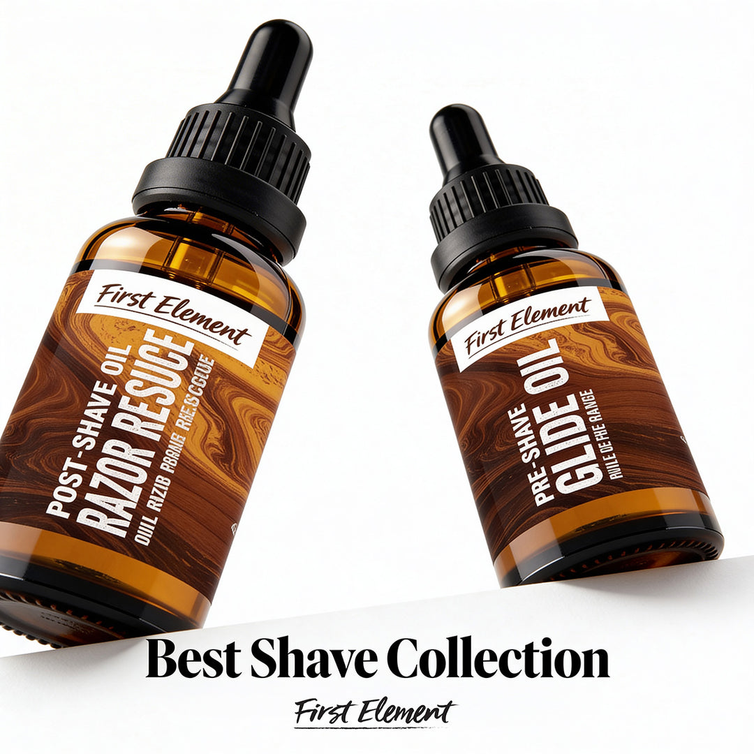 Two bottles of First Element shaving oil on a white background with 'Best Shave Collection' text.
