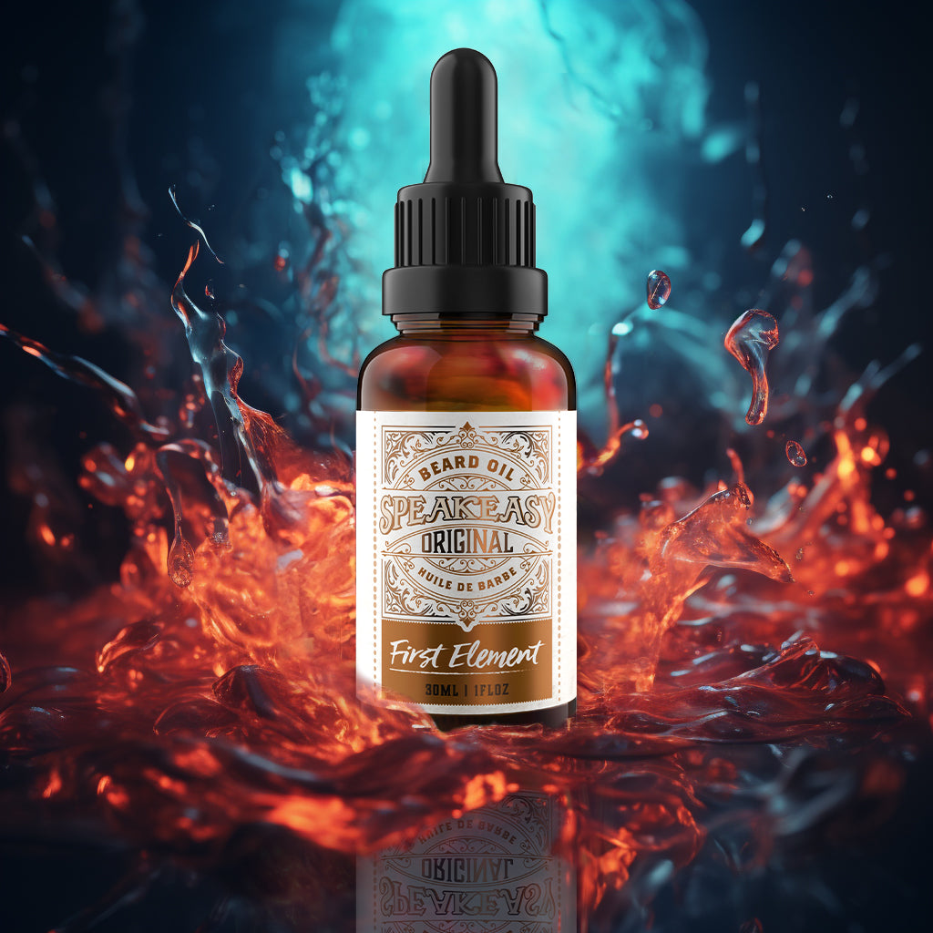 30ml amber bottle of Speakeasy Original Beard Oil with dropper lid on a colourful splash background