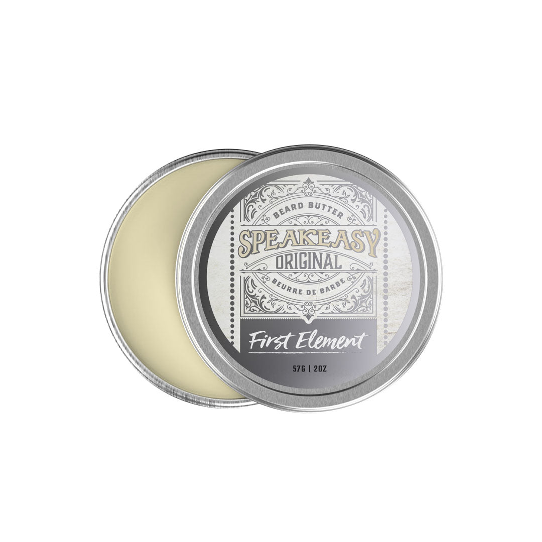 Speakeasy Original First Element beard butter in a metal tin on a white background