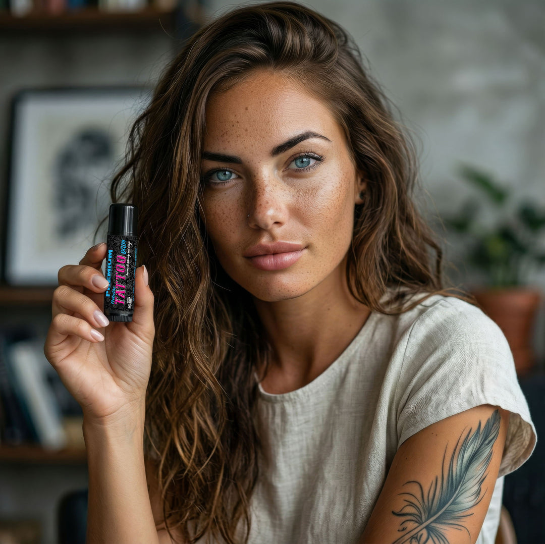 Attractive woman holding the First Element Tattoo Aftercare balm in her hand