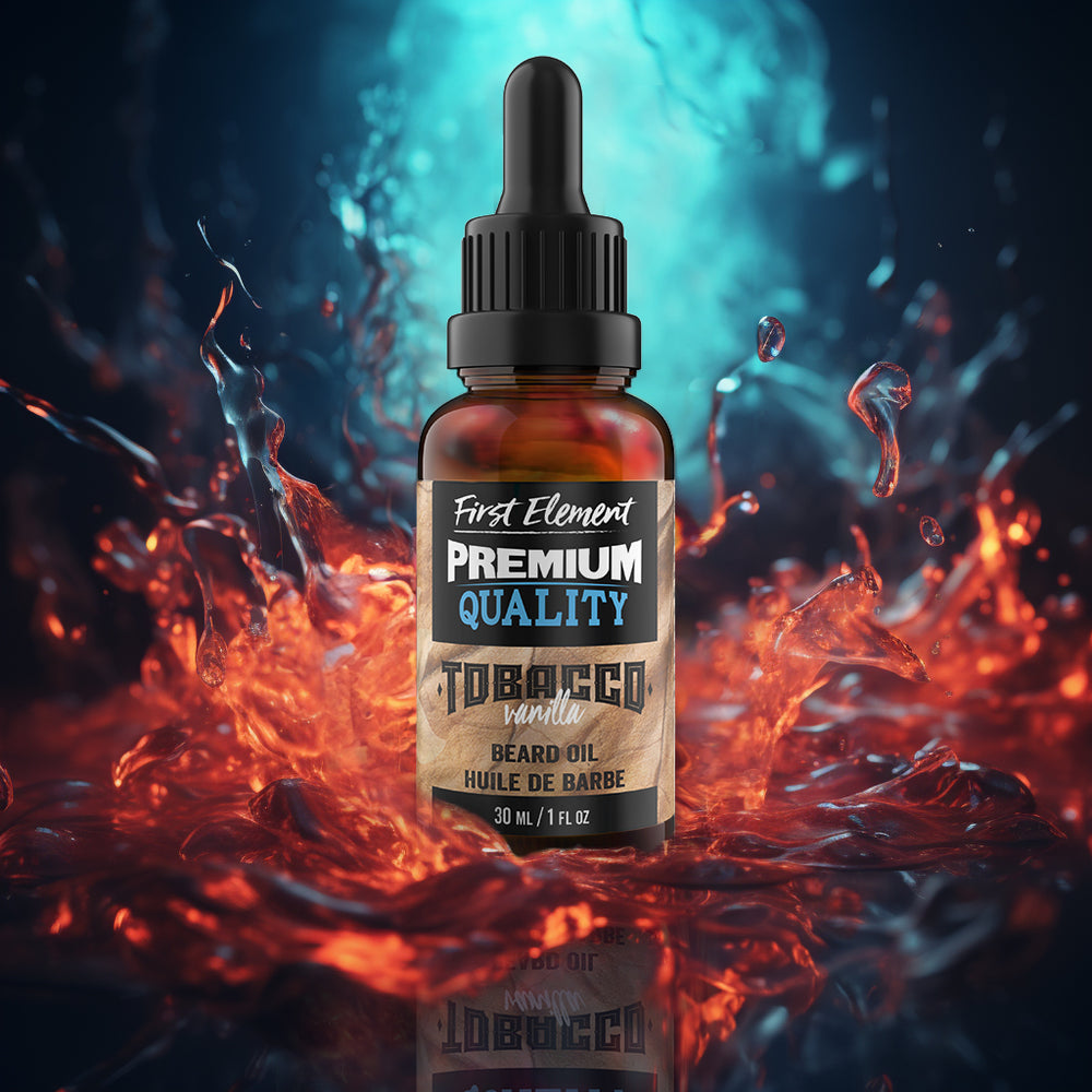 Premium Vanilla Tobacco Beard Oil in 30ml amber bottle with dropper lid on colourful splash background