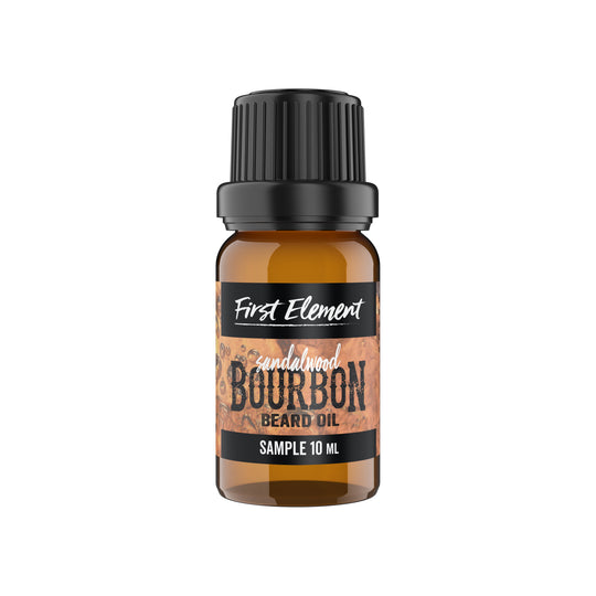 Premium Sandalwood Bourbon Beard Oil in a 10ml amber bottle with orifice reducer cap, ideal for on-the-go grooming on a white background.