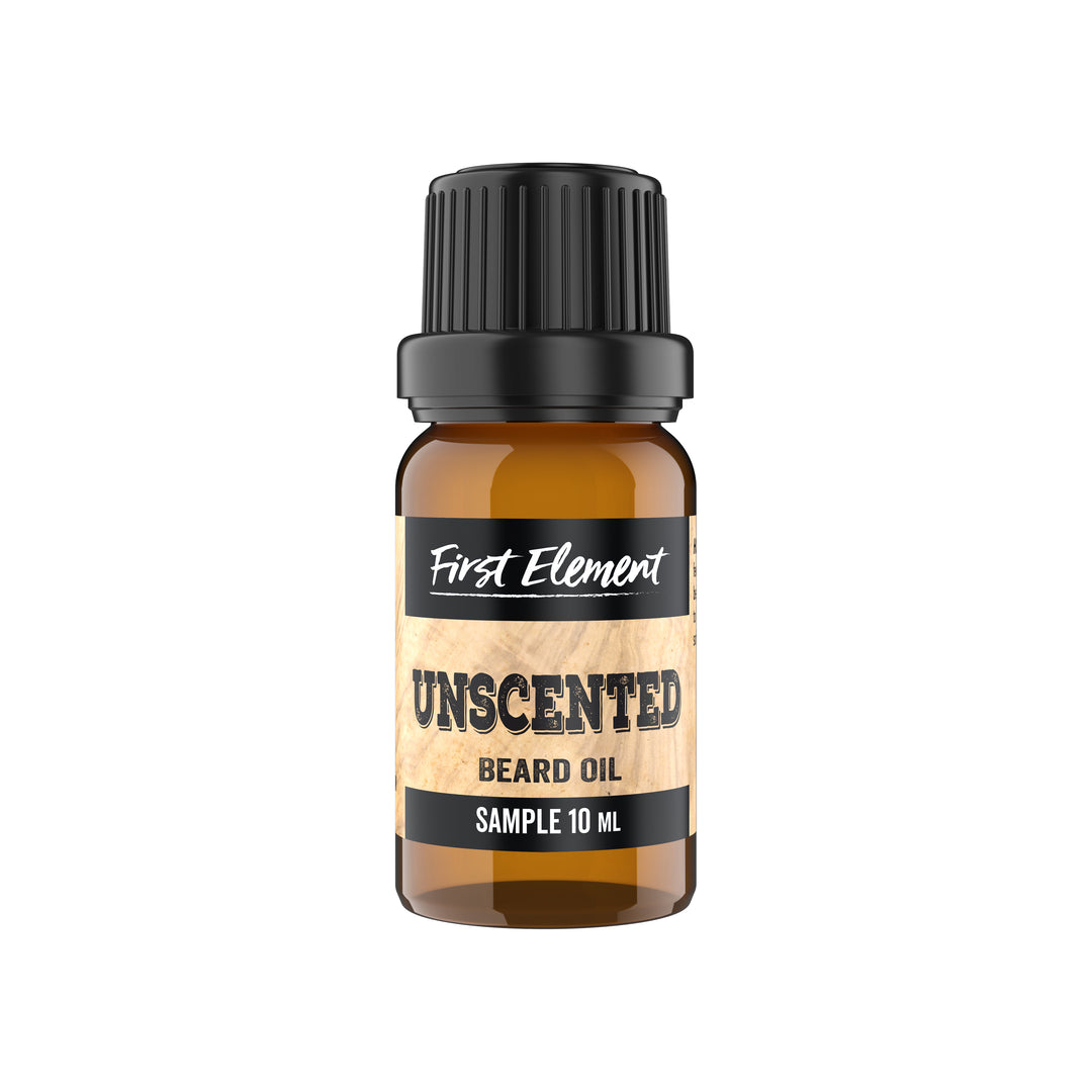 Premium Unscented Beard Oil in 10ml amber bottle with orifice reducer cap on white background