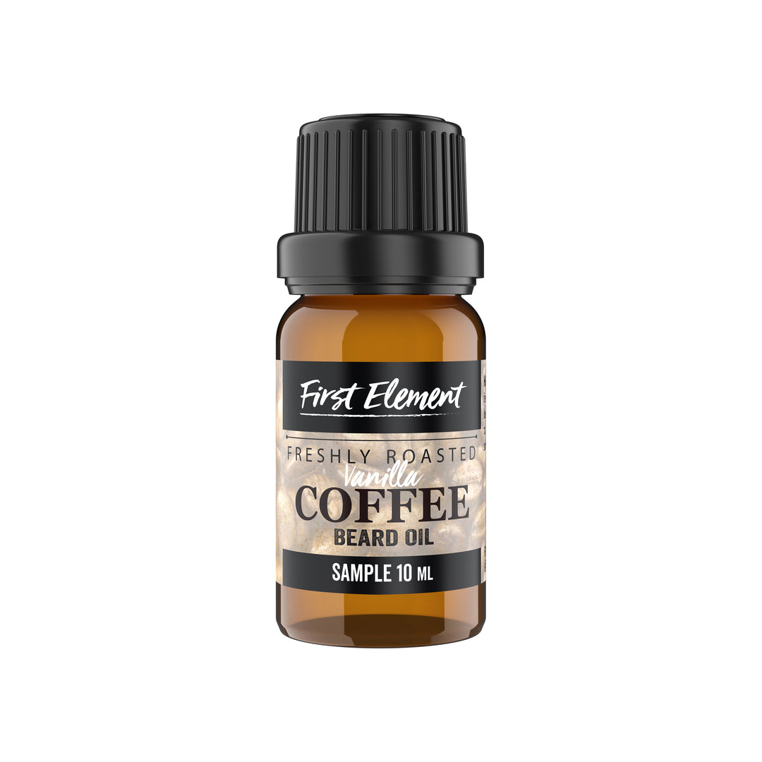 10ml amber bottle of premium Vanilla Coffee Scented Beard Oil with orifice reducer cap on white background